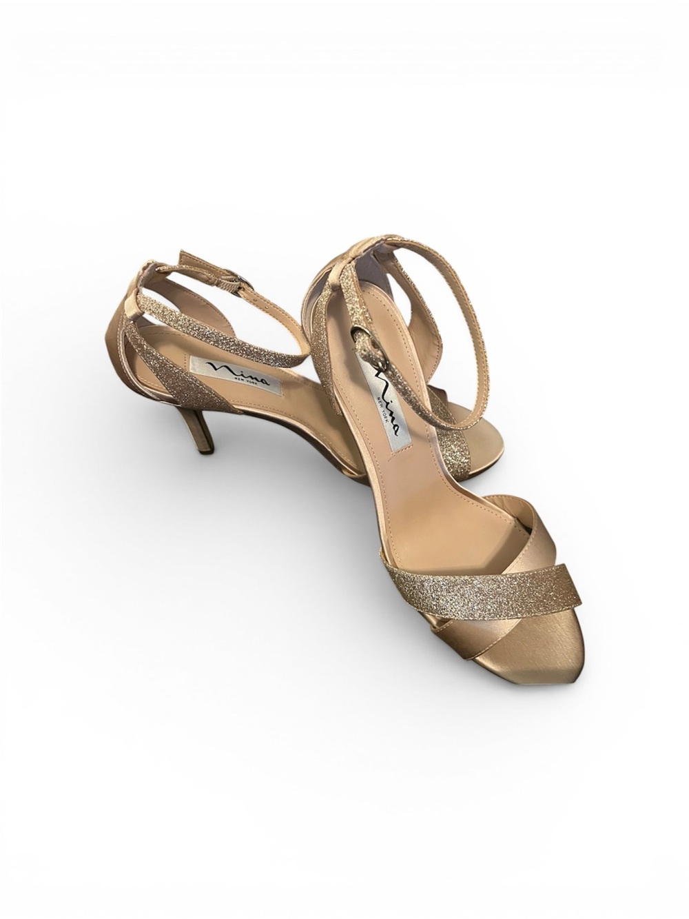 Nina Venus YS Pearl Rose Gold Glitter Strappy Open Toe Heels Size 8.5M